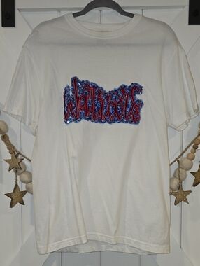 Warriors White Comfort Colors Tee with Red Sequin Script and Blue Sequin Outline